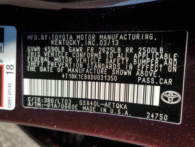 4T1BK1EB8DU031350 - 2013 TOYOTA AVALON BASE MAROON photo 12