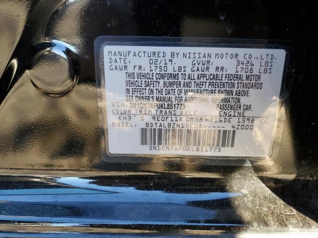 3N1CN7AP0KL851775 - 2019 NISSAN VERSA S BLACK photo 12