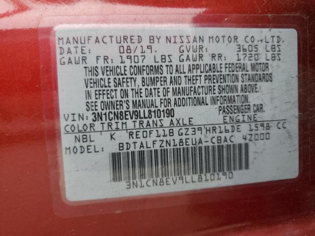 3N1CN8EV9LL810190 - 2020 NISSAN VERSA SV RED photo 12