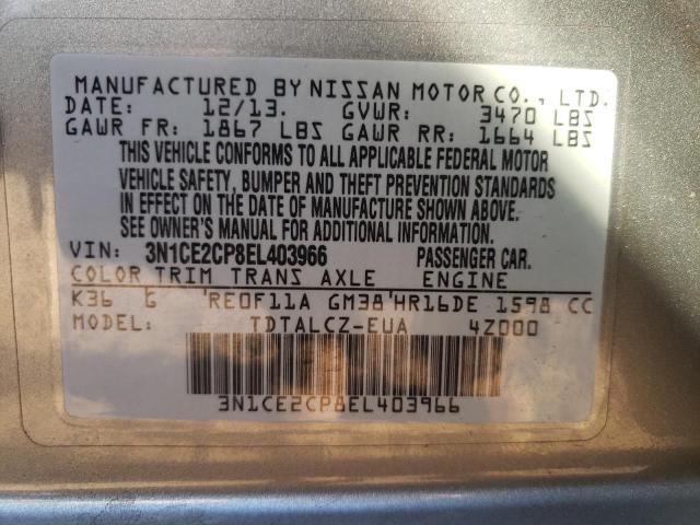 3N1CE2CP8EL403966 - 2014 NISSAN VERSA NOTE S GRAY photo 12