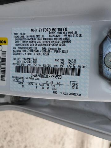 3FA6P0HDXLR225923 - 2020 FORD FUSION SE WHITE photo 12