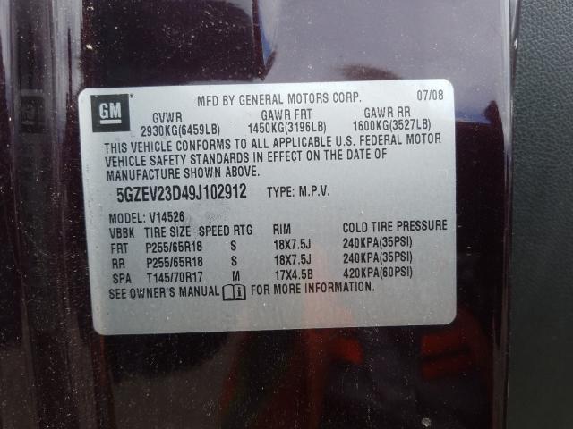 5GZEV23D49J102912 - 2009 SATURN OUTLOOK XR  ფოტო 10