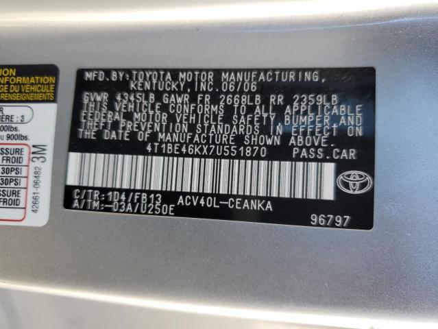 4T1BE46KX7U551870 - 2007 TOYOTA CAMRY CE SILVER photo 12