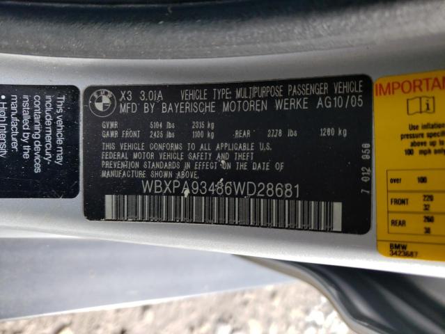 WBXPA93486WD28681 - 2006 BMW X3 3.0I SILVER photo 13