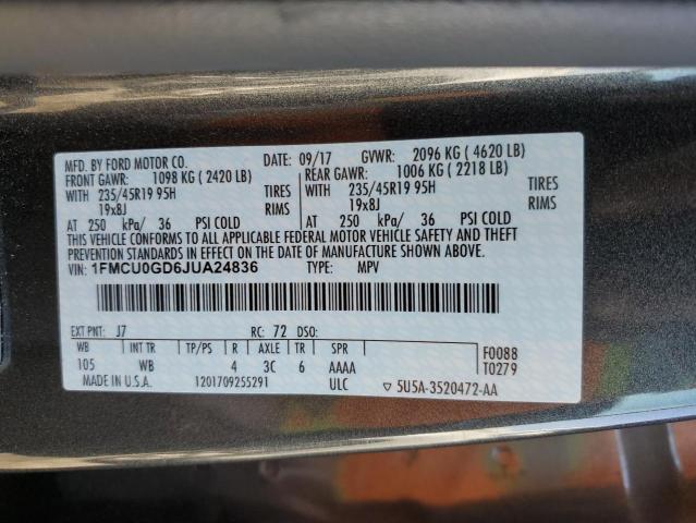 1FMCU0GD6JUA24836 - 2018 FORD ESCAPE SE GRAY photo 13