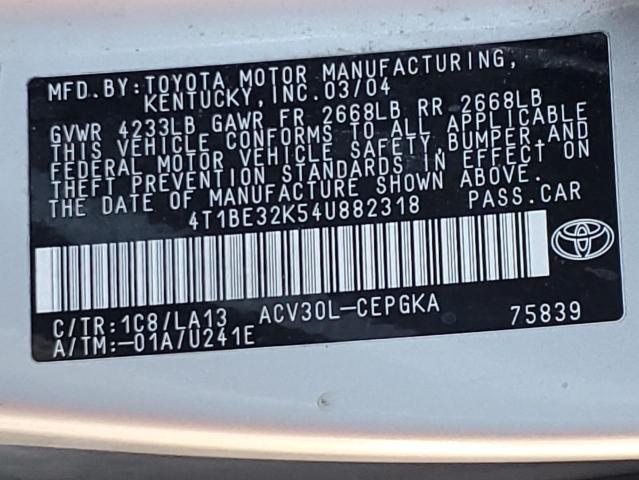 4T1BE32K54U882318 - 2004 TOYOTA CAMRY LE SILVER photo 12