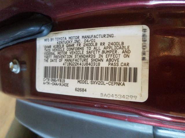 4T1BG22K41U840318 - 2001 TOYOTA CAMRY CE  photo 10