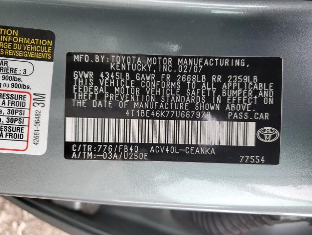 4T1BE46K77U667978 - 2007 TOYOTA CAMRY CE TEAL photo 12