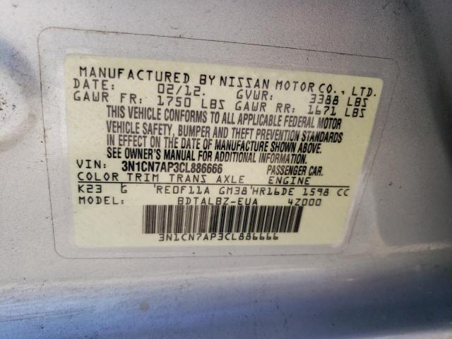 3N1CN7AP3CL886666 - 2012 NISSAN VERSA S SILVER photo 12