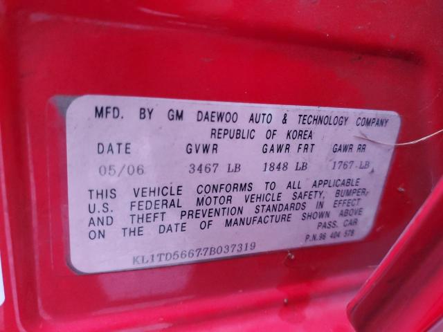 KL1TD56677B037319 - 2007 CHEVROLET AVEO BASE RED photo 12