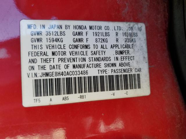 JHMGE8H40AC033486 - 2010 HONDA FIT SPORT RED photo 12