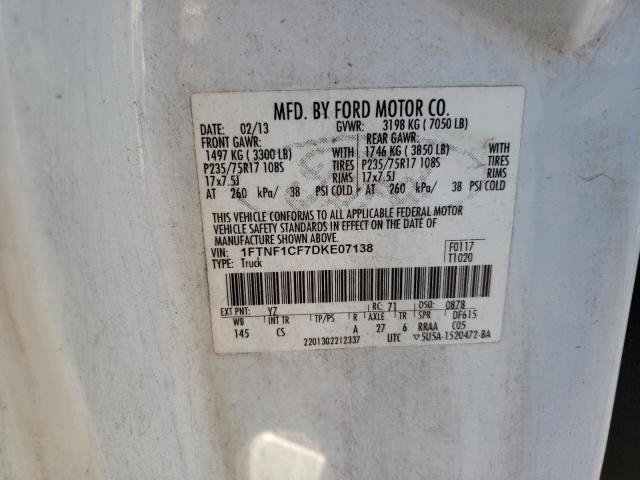 1FTNF1CF7DKE07138 - 2013 FORD F150 WHITE photo 13