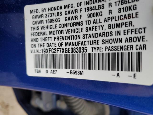 19XFC2F7XGE083035 - 2016 HONDA CIVIC EX BLUE photo 12