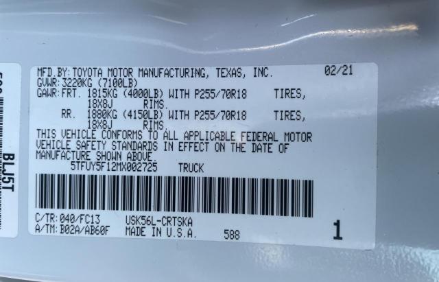 5TFUY5F12MX002725 - 2021 TOYOTA TUNDRA DOUBLE CAB SR/SR5 WHITE photo 10