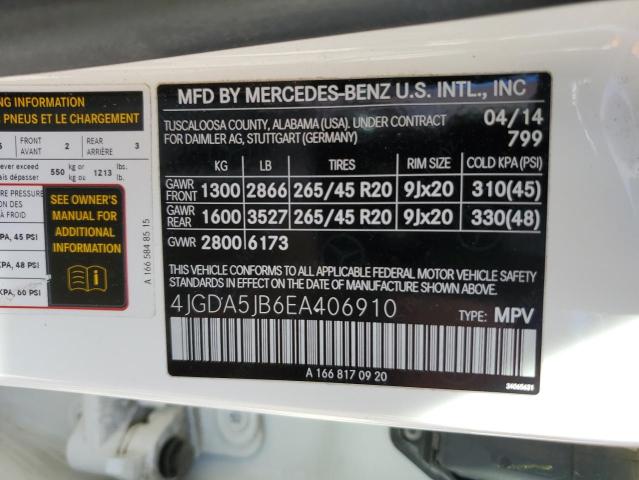 4JGDA5JB6EA406910 - 2014 MERCEDES-BENZ ML 350 WHITE photo 13