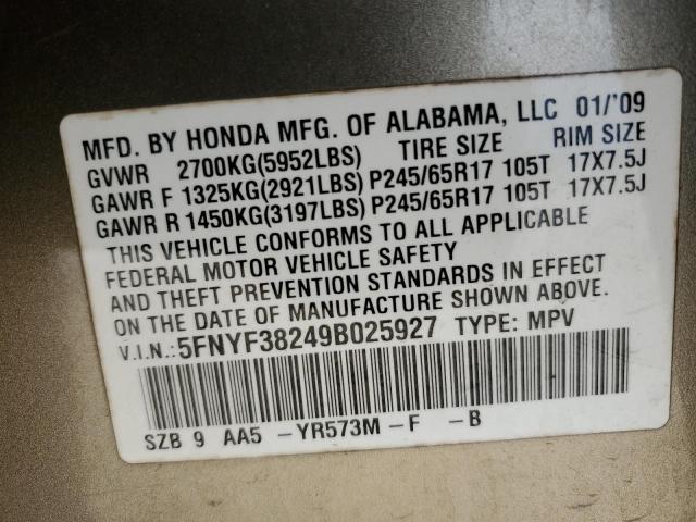 5FNYF38249B025927 - 2009 HONDA PILOT LX TAN photo 13