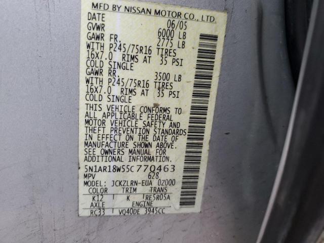 5N1AR18W55C770463 - 2005 NISSAN PATHFINDER LE SILVER photo 13