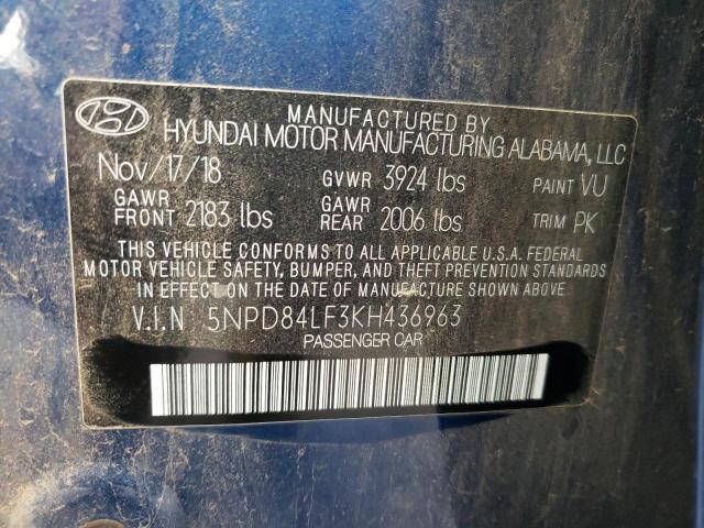 5NPD84LF3KH436963 - 2019 HYUNDAI ELANTRA SEL BLUE photo 12