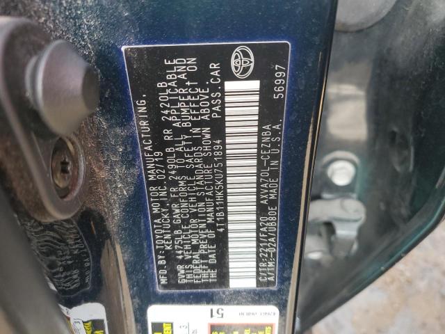 4T1B11HK5KU751894 - 2019 TOYOTA CAMRY L BLUE photo 12