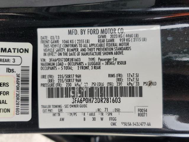 3FA6P0H73DR281603 - 2013 FORD FUSION SE BLACK photo 12