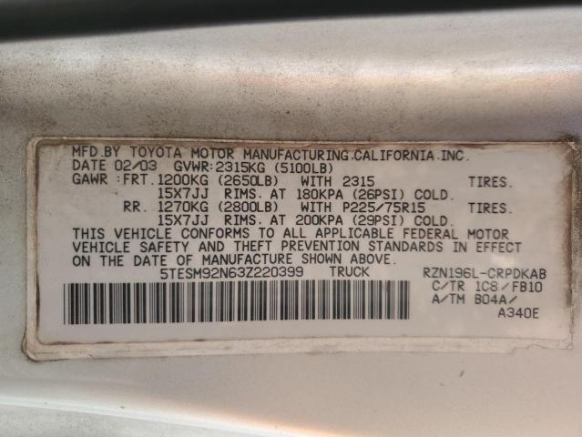 5TESM92N63Z220399 - 2003 TOYOTA TACOMA XTRACAB PRERUNNER ვერცხლისფერი ფოტო 12