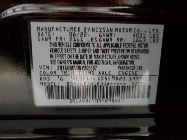 3N1AB8CV0NY295587 - 2022 NISSAN SENTRA SV BLACK photo 12