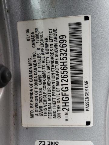 2HGFG12656H532699 - 2006 HONDA CIVIC LX GRAY photo 12