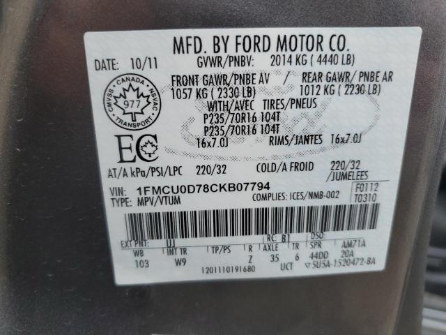 1FMCU0D78CKB07794 - 2012 FORD ESCAPE XLT GRAY photo 12