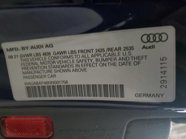 WAUABAF46NN001756 - 2022 AUDI A4 PREMIUM 40 BLUE photo 13