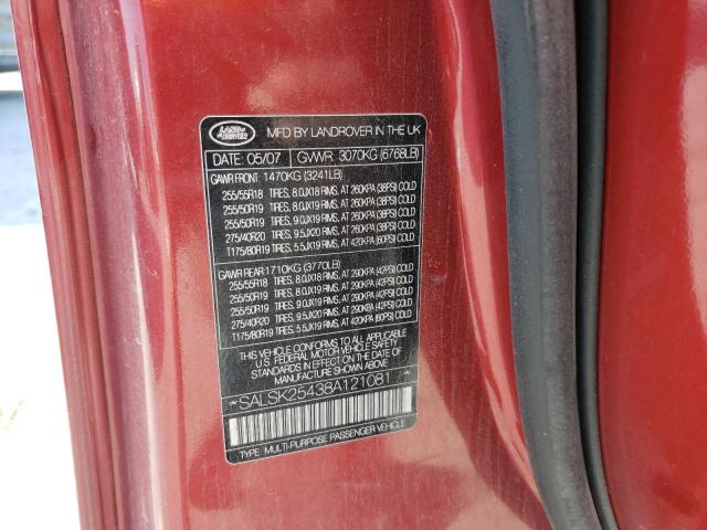 SALSK25438A121081 - 2008 LAND ROVER RANGE ROVE HSE MAROON photo 13