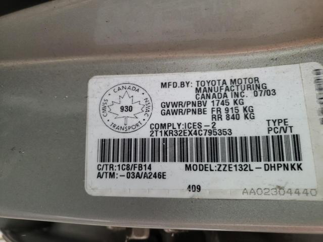 2T1KR32EX4C795353 - 2004 TOYOTA COROLLA MA XR SILVER photo 12