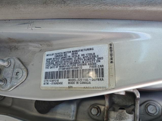 2T1BR18E0YC266172 - 2000 TOYOTA COROLLA VE SILVER photo 12