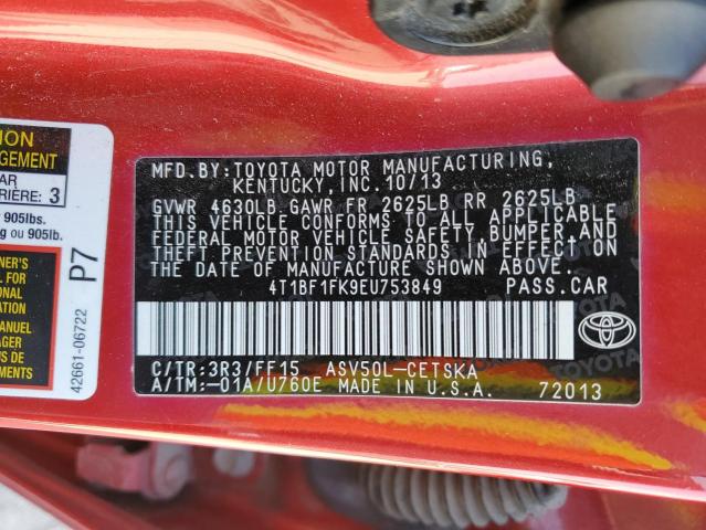 4T1BF1FK9EU753849 - 2014 TOYOTA CAMRY L RED photo 12