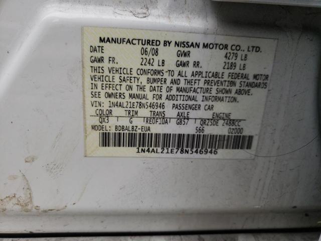 1N4AL21E78N546946 - 2008 NISSAN ALTIMA 2.5 WHITE photo 12