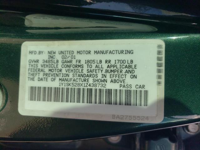 1Y1SK528X1Z438732 - 2001 CHEVROLET GEO PRIZM BASE CREAM photo 12