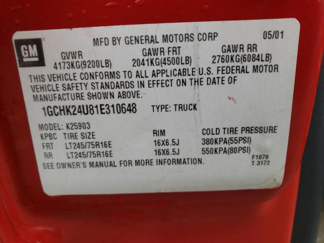 1GCHK24U81E310648 - 2001 CHEVROLET 2500 K2500 HEAVY DUTY RED photo 12