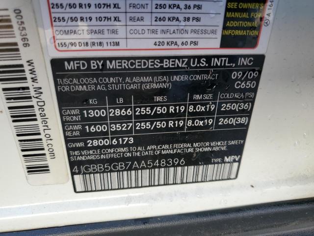 4JGBB5GB7AA548396 - 2010 MERCEDES-BENZ ML 350 WHITE photo 13