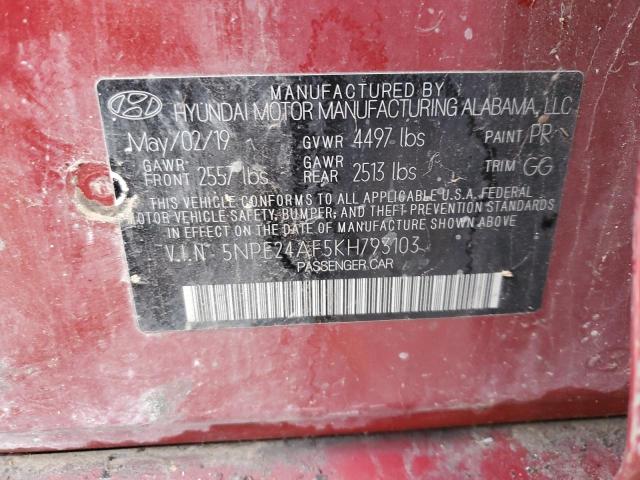 5NPE24AF5KH793103 - 2019 HYUNDAI SONATA SE RED photo 12