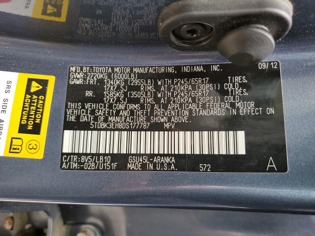 5TDBK3EH8DS177787 - 2013 TOYOTA HIGHLANDER BASE  photo 10