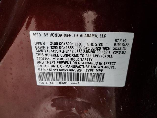 5FNYF8H52KB023929 - 2019 HONDA PASSPORT EXL BURGUNDY photo 13