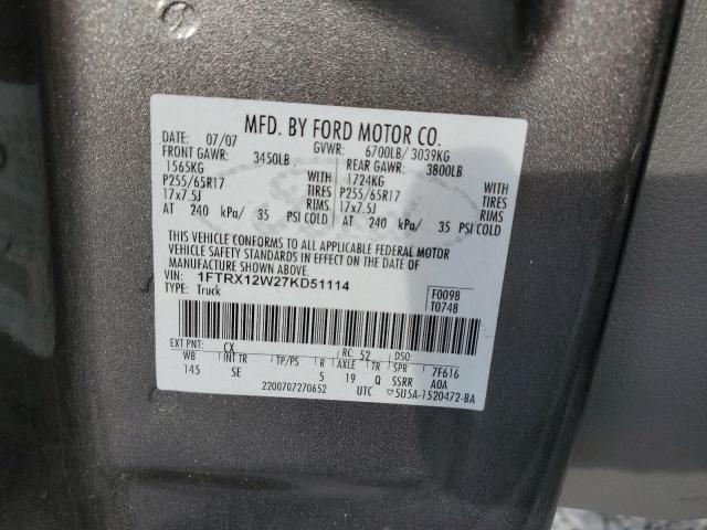 1FTRX12W27KD51114 - 2007 FORD F150 GRAY photo 12