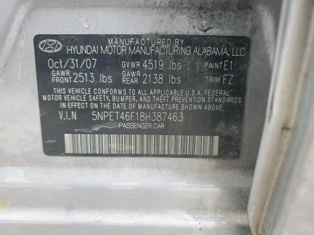 5NPET46F18H387463 - 2008 HYUNDAI SONATA GLS SILVER photo 12