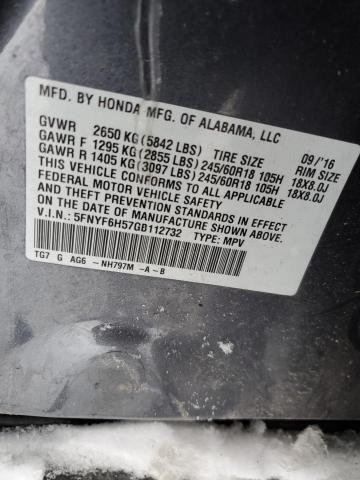 5FNYF6H57GB112732 - 2016 HONDA PILOT EXL GRAY photo 12