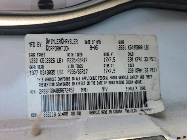 2A8GF68486R672452 - 2006 CHRYSLER PACIFICA TOURING WHITE photo 13