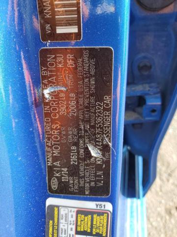 KNAFX4A87F5362322 - 2015 KIA FORTE EX BLUE photo 12