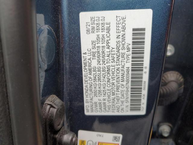 5FNYF6H57NB009484 - 2022 HONDA PILOT EXL BLUE photo 13