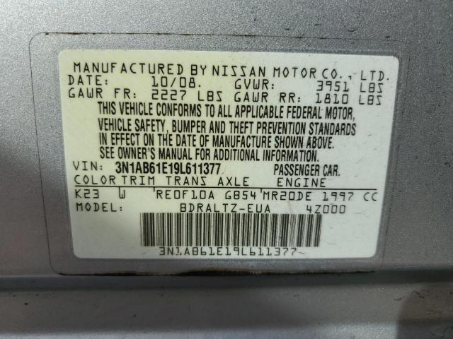 3N1AB61E19L611377 - 2009 NISSAN SENTRA 2.0 SILVER photo 12