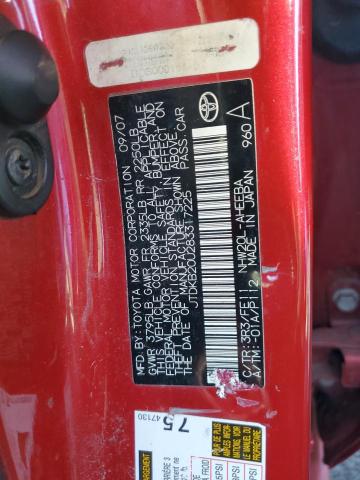 JTDKB20U283317225 - 2008 TOYOTA PRIUS RED photo 12