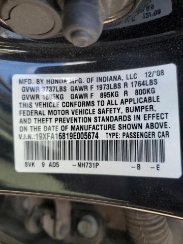 19XFA16819E005674 - 2009 HONDA CIVIC EX BLACK photo 12