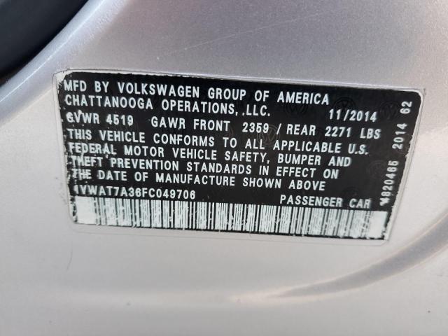 1VWAT7A36FC049706 - 2015 VOLKSWAGEN PASSAT S SILVER photo 13